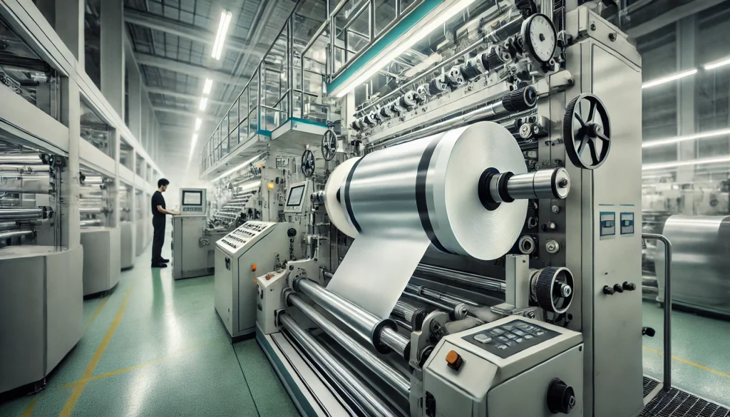 Close-up of a slitting machine next to a rewinding machine in operation, demonstrating precise material handling and roll formation in a high-tech manufacturing facility.