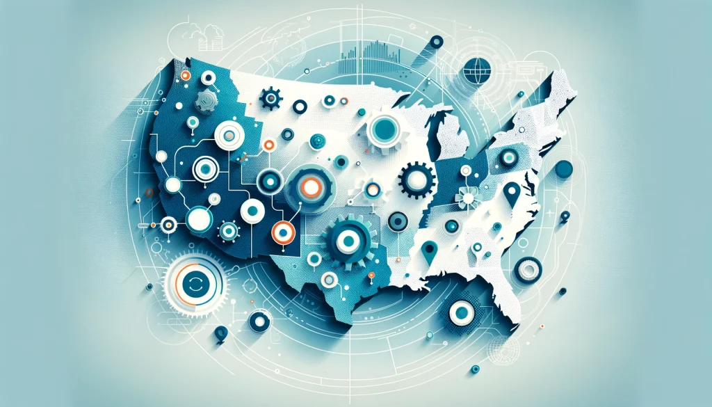 Stylized map of the United States with abstract markers representing key manufacturing hubs, surrounded by industrial design elements and subtle globe outlines symbolizing innovation and global reach, free of text or numbers.